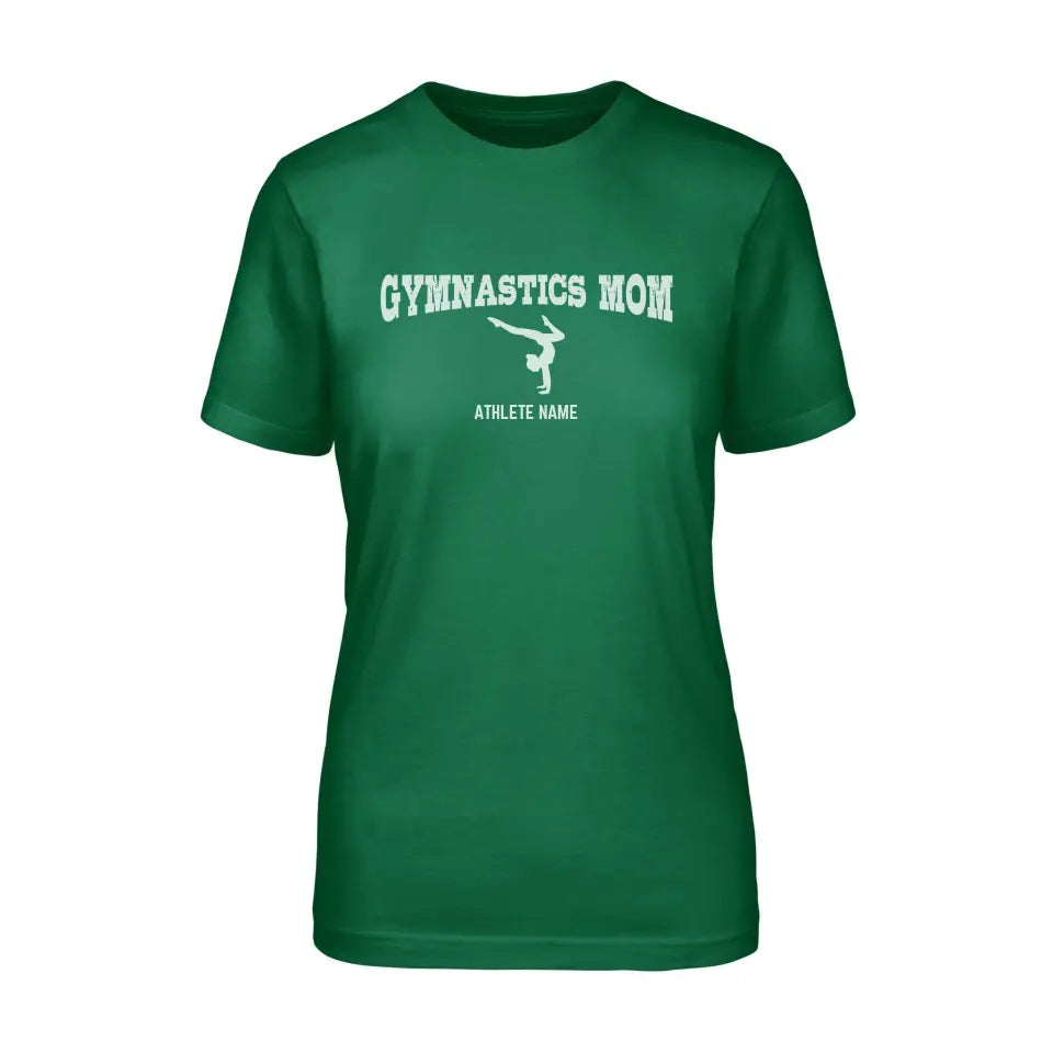 gymnastics mom with gymnast icon and gymnast name on a unisex t-shirt with a white graphic