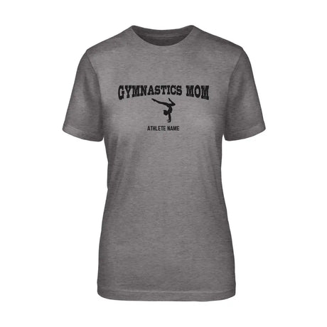 gymnastics mom with gymnast icon and gymnast name on a unisex t-shirt with a black graphic