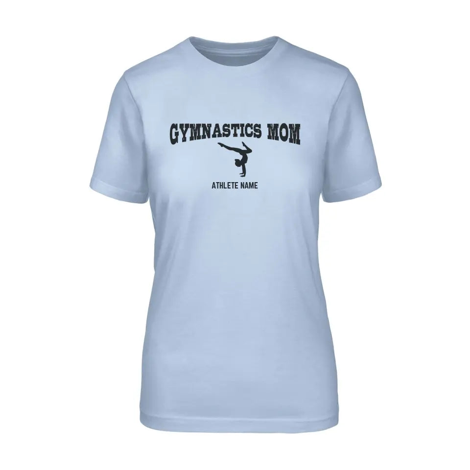 gymnastics mom with gymnast icon and gymnast name on a unisex t-shirt with a black graphic