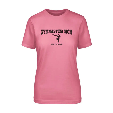 gymnastics mom with gymnast icon and gymnast name on a unisex t-shirt with a black graphic