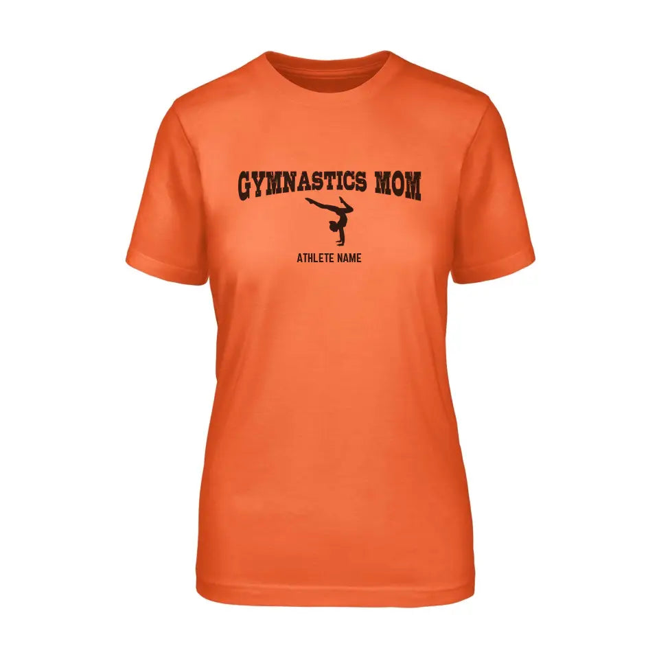 gymnastics mom with gymnast icon and gymnast name on a unisex t-shirt with a black graphic