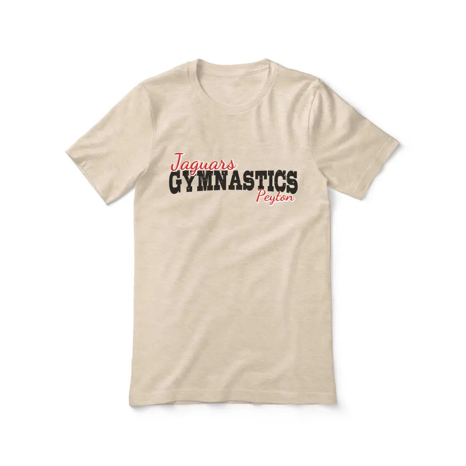 custom gymnastics mascot and gymnast name on a unisex t-shirt with a black graphic