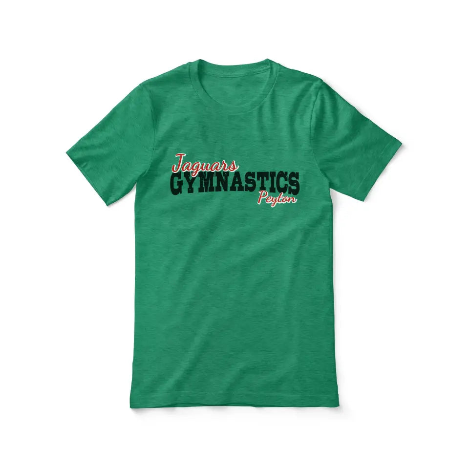 custom gymnastics mascot and gymnast name on a unisex t-shirt with a black graphic