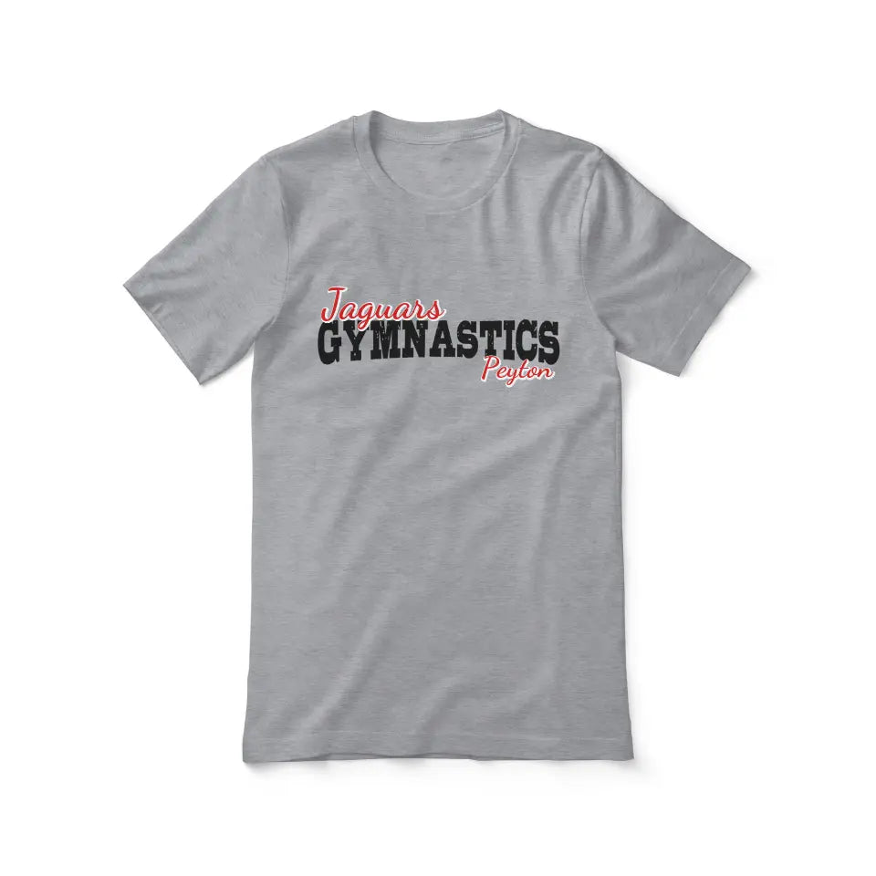 custom gymnastics mascot and gymnast name on a unisex t-shirt with a black graphic