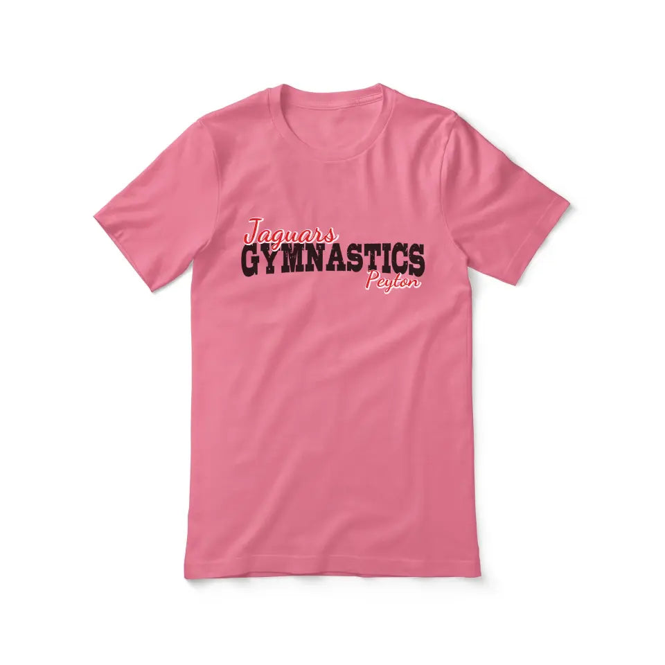 custom gymnastics mascot and gymnast name on a unisex t-shirt with a black graphic