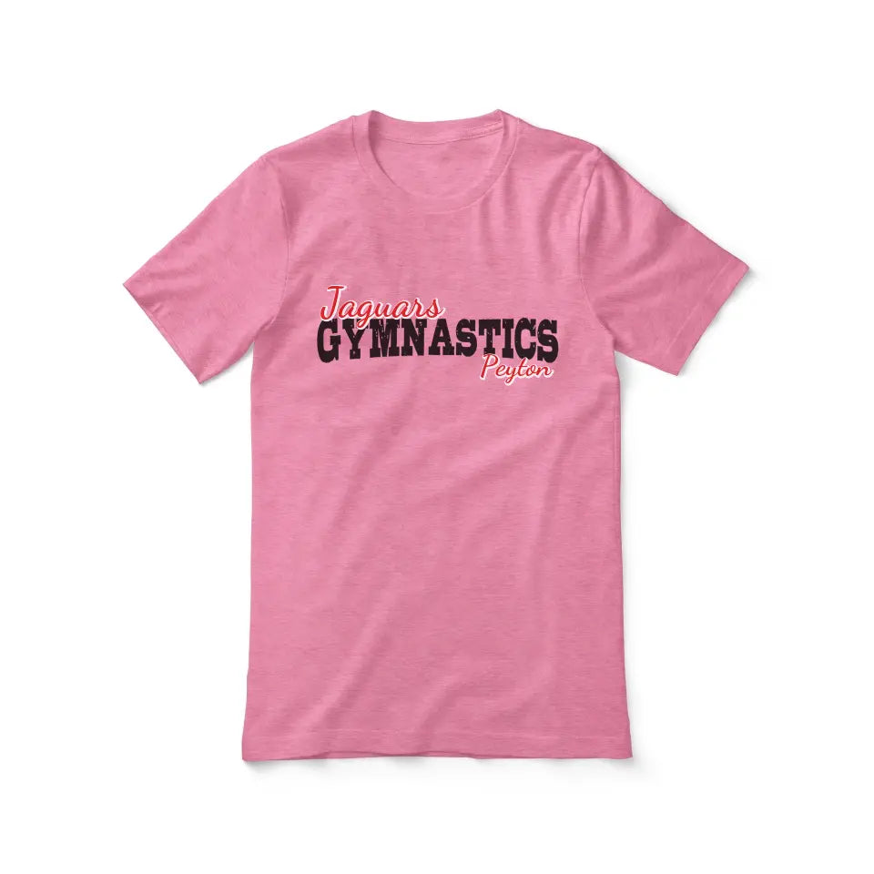 custom gymnastics mascot and gymnast name on a unisex t-shirt with a black graphic