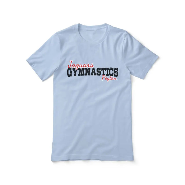 custom gymnastics mascot and gymnast name on a unisex t-shirt with a black graphic