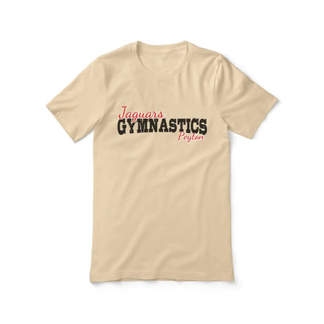 custom gymnastics mascot and gymnast name on a unisex t-shirt with a black graphic
