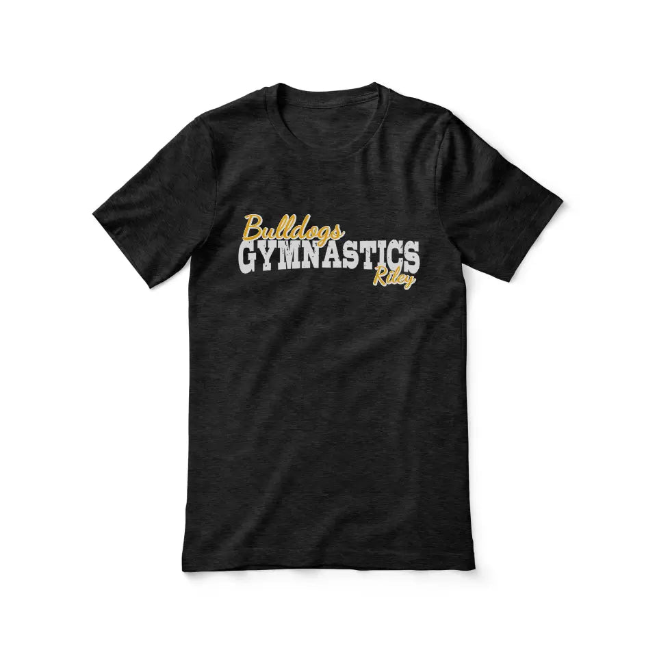 custom gymnastics mascot and gymnast name on a unisex t-shirt with a white graphic