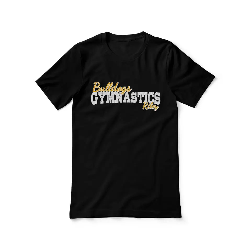 custom gymnastics mascot and gymnast name on a unisex t-shirt with a white graphic