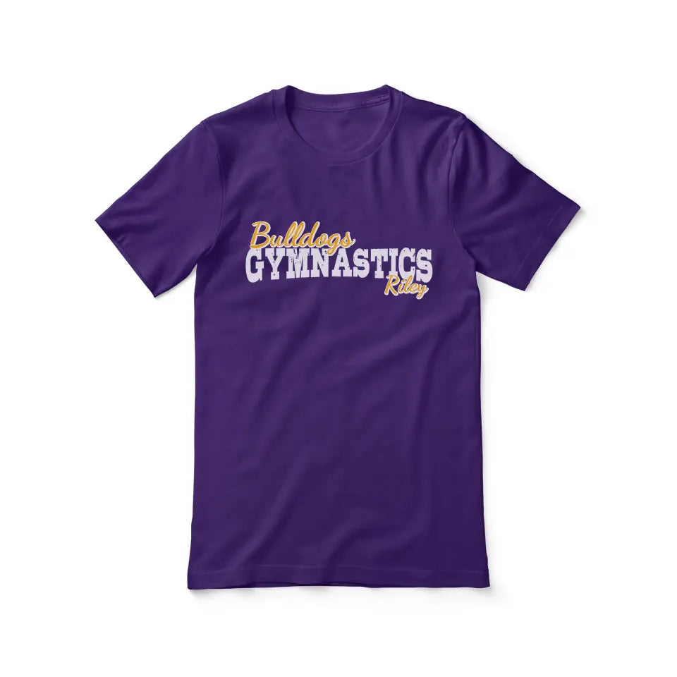 custom gymnastics mascot and gymnast name on a unisex t-shirt with a white graphic