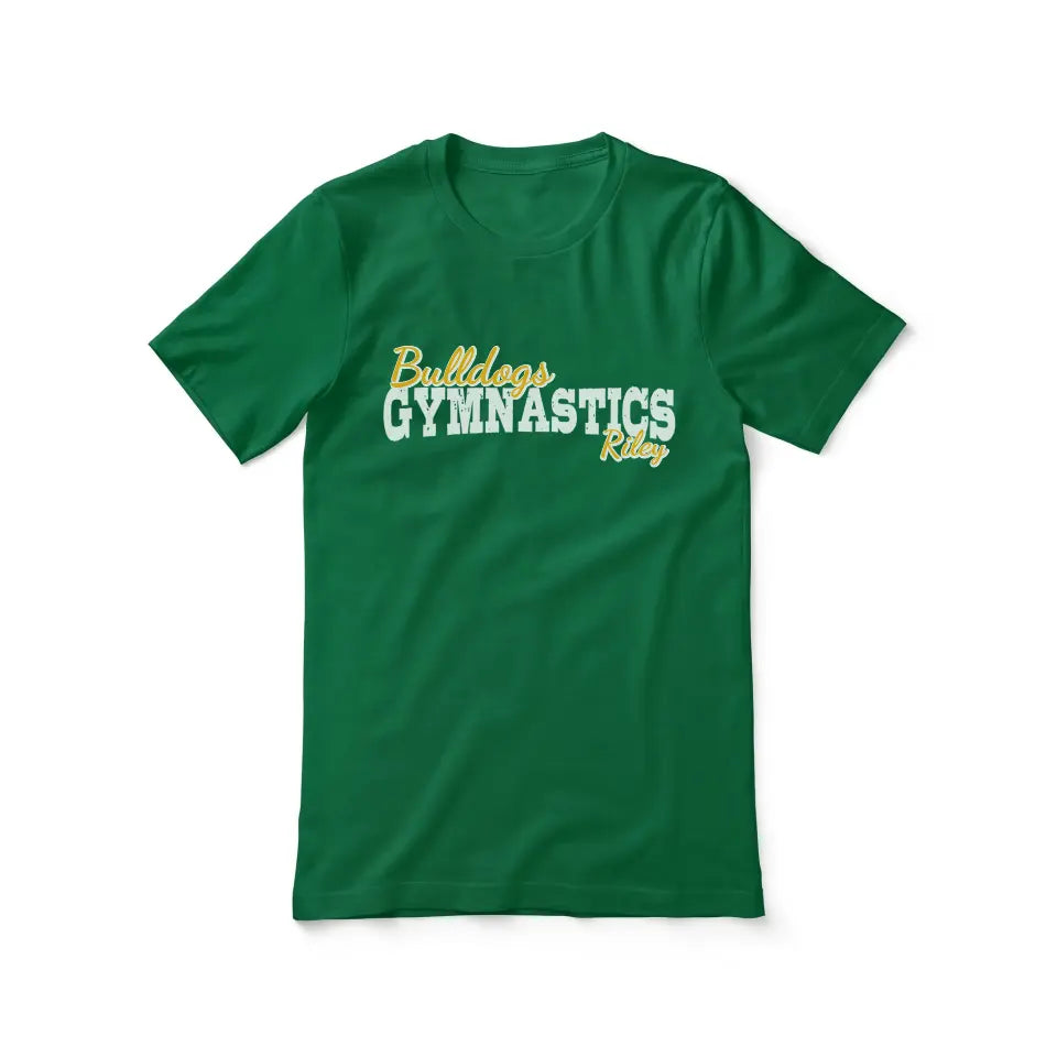 custom gymnastics mascot and gymnast name on a unisex t-shirt with a white graphic