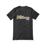 custom gymnastics mascot and gymnast name on a unisex t-shirt with a white graphic