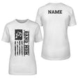 band mom vertical flag with musician name on a unisex t-shirt with a black graphic