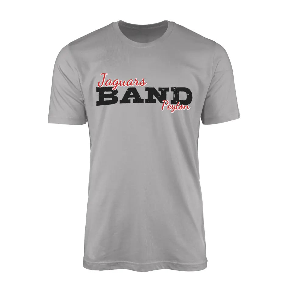 custom band mascot and musician name on a mens t-shirt with a black graphic