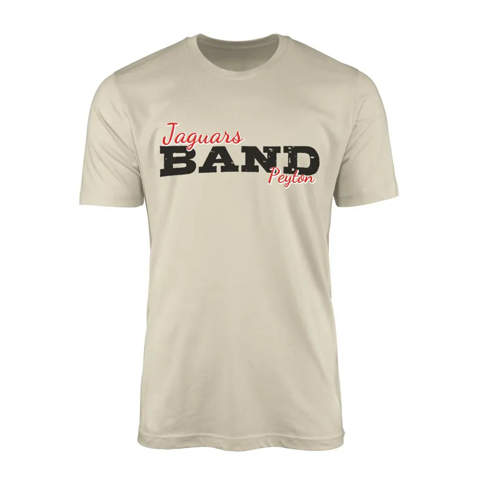 custom band mascot and musician name on a mens t-shirt with a black graphic