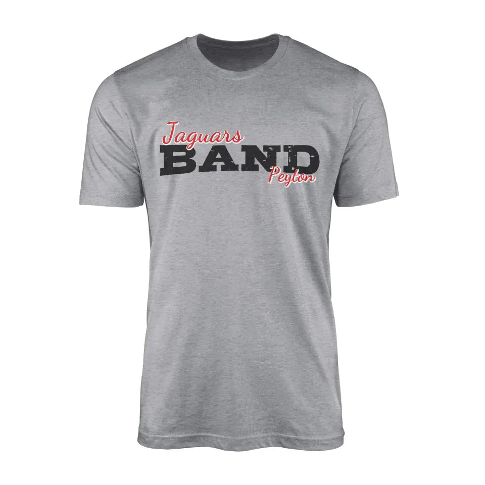 custom band mascot and musician name on a mens t-shirt with a black graphic