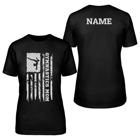 gymnastics mom vertical flag with gymnast name on a unisex t-shirt with a white graphic