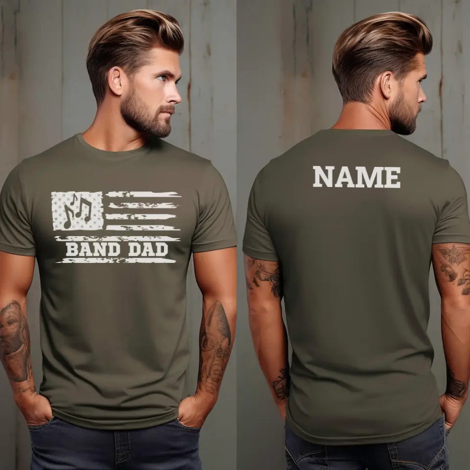 band dad horizontal flag with musician name on a mens t-shirt with a white graphic