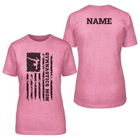 gymnastics mom vertical flag with gymnast name on a unisex t-shirt with a black graphic