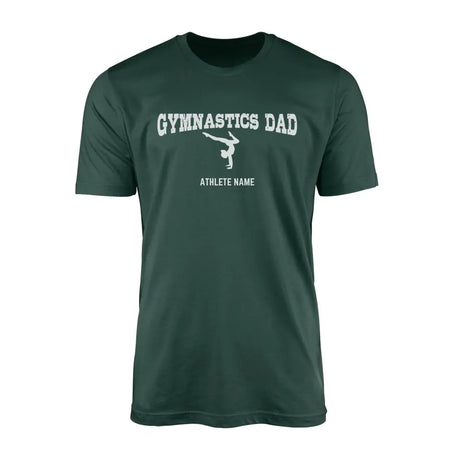 gymnastics dad with gymnast icon and gymnast name on a mens t-shirt with a white graphic