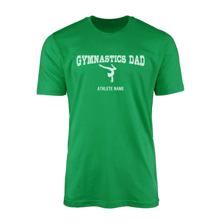 gymnastics dad with gymnast icon and gymnast name on a mens t-shirt with a white graphic