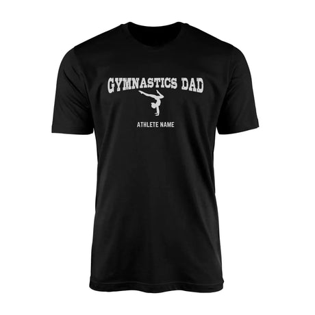 gymnastics dad with gymnast icon and gymnast name on a mens t-shirt with a white graphic