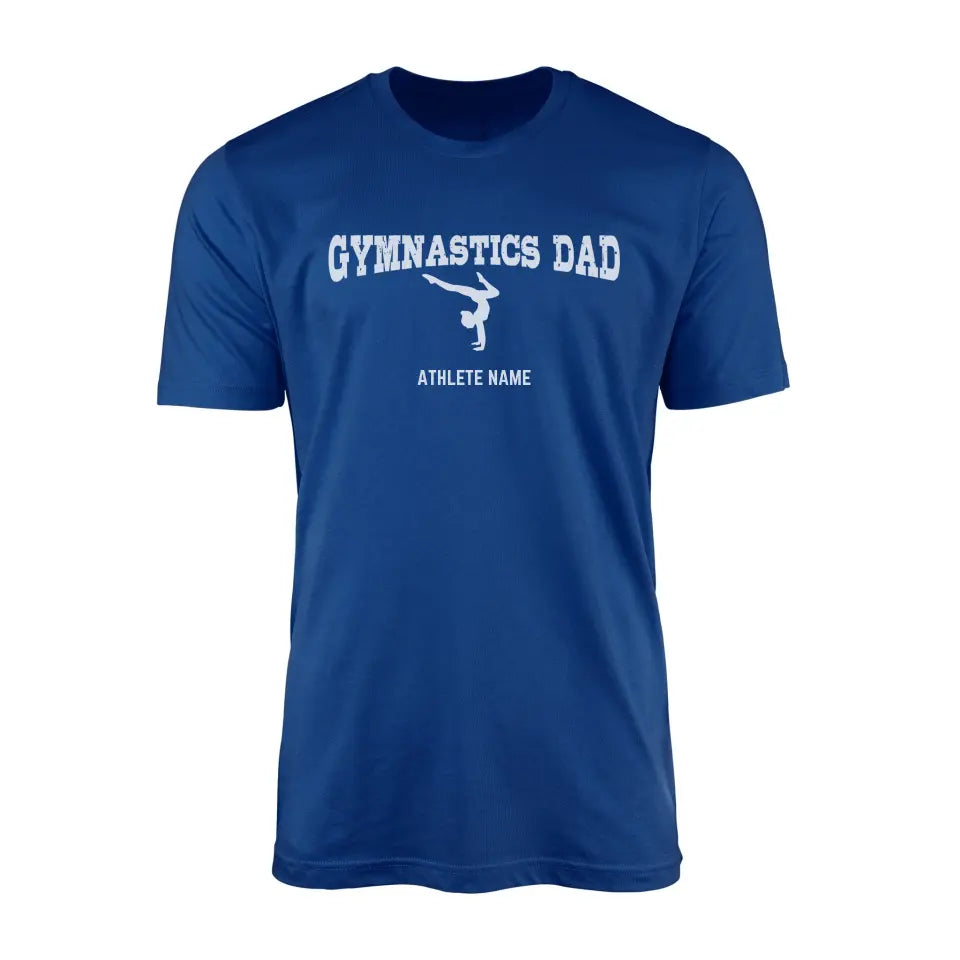 gymnastics dad with gymnast icon and gymnast name on a mens t-shirt with a white graphic