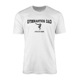 gymnastics dad with gymnast icon and gymnast name on a mens t-shirt with a black graphic