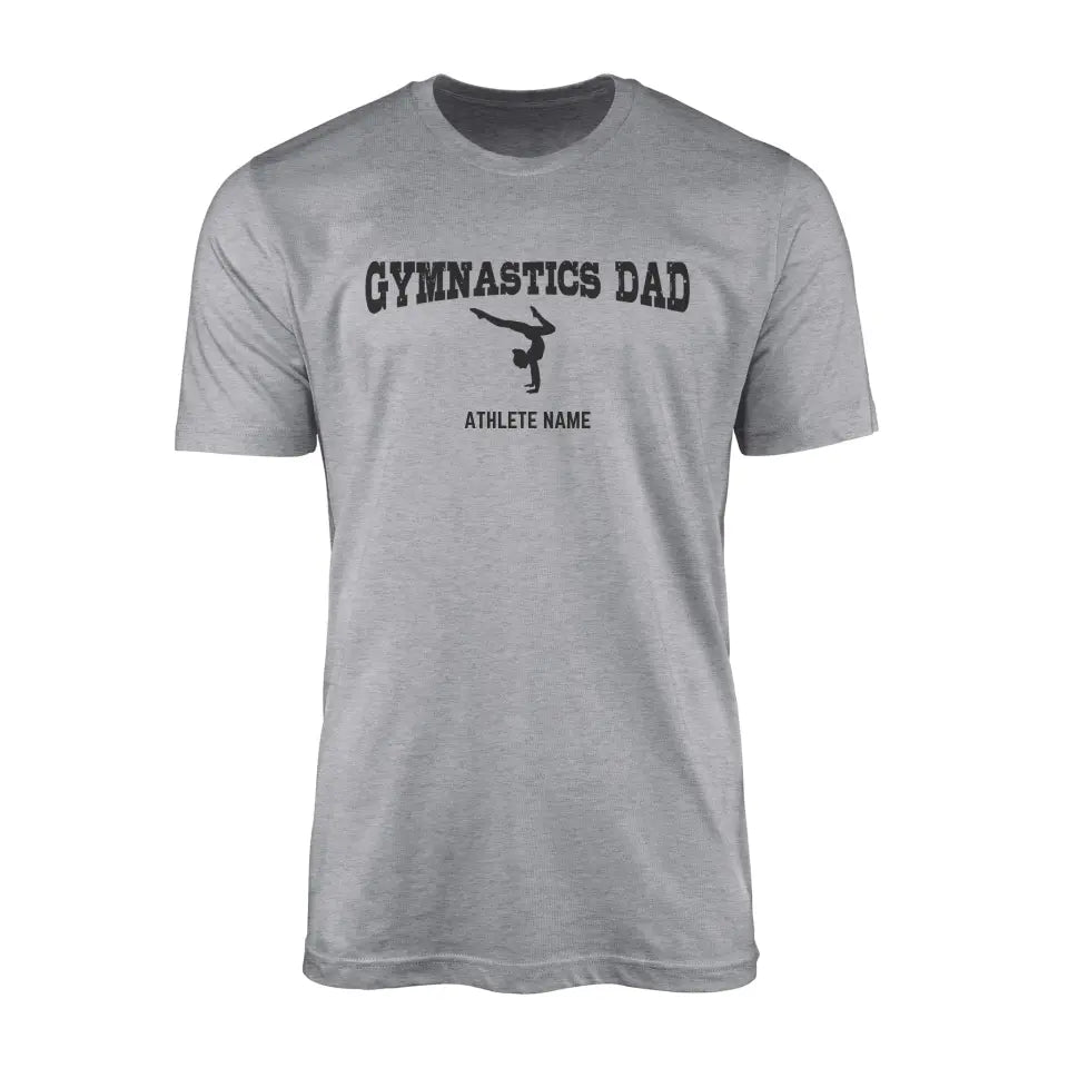 gymnastics dad with gymnast icon and gymnast name on a mens t-shirt with a black graphic