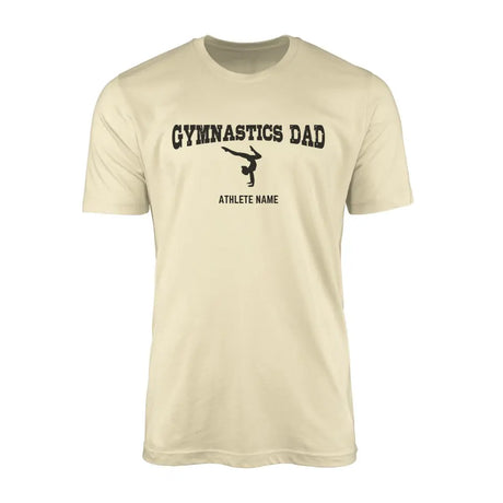 gymnastics dad with gymnast icon and gymnast name on a mens t-shirt with a black graphic