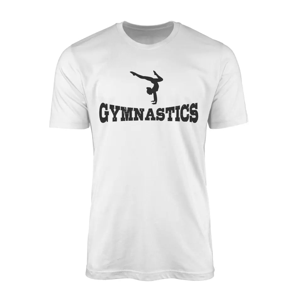 basic gymnastics with gymnast icon on a mens t-shirt with a black graphic