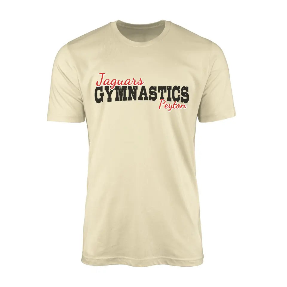 custom gymnastics mascot and gymnast name on a mens t-shirt with a black graphic