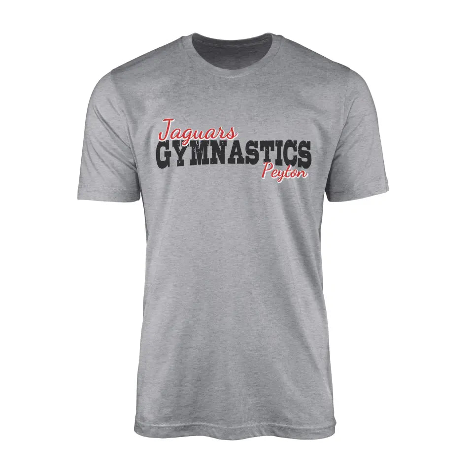 custom gymnastics mascot and gymnast name on a mens t-shirt with a black graphic