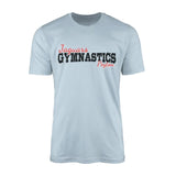 custom gymnastics mascot and gymnast name on a mens t-shirt with a black graphic