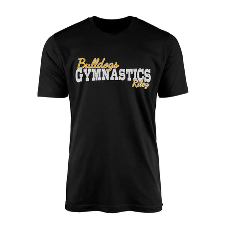 custom gymnastics mascot and gymnast name on a mens t-shirt with a white graphic