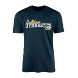 custom gymnastics mascot and gymnast name on a mens t-shirt with a white graphic