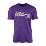 custom gymnastics mascot and gymnast name on a mens t-shirt with a white graphic