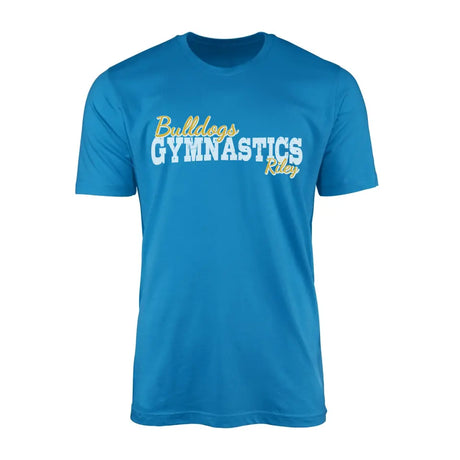 custom gymnastics mascot and gymnast name on a mens t-shirt with a white graphic