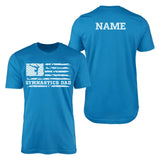 gymnastics dad horizontal flag with gymnast name on a mens t-shirt with a white graphic