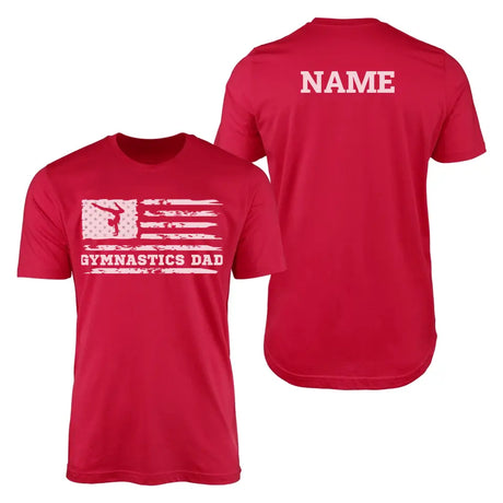 gymnastics dad horizontal flag with gymnast name on a mens t-shirt with a white graphic
