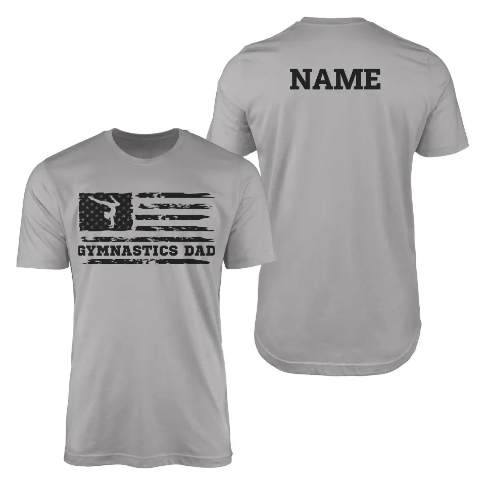 gymnastics dad horizontal flag with gymnast name on a mens t-shirt with a black graphic