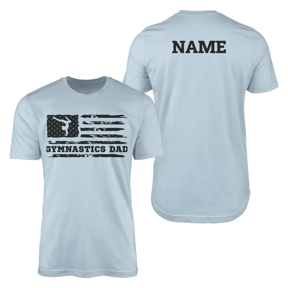 gymnastics dad horizontal flag with gymnast name on a mens t-shirt with a black graphic
