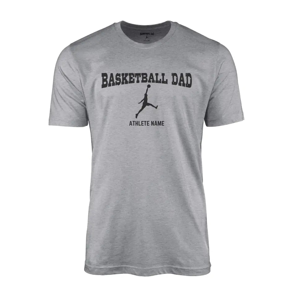 basketball dad with basketball player icon and basketball player name on a mens t-shirt with a black graphic