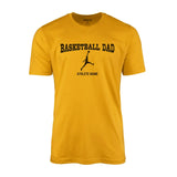 basketball dad with basketball player icon and basketball player name on a mens t-shirt with a black graphic