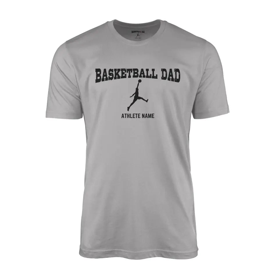 basketball dad with basketball player icon and basketball player name on a mens t-shirt with a black graphic