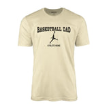 basketball dad with basketball player icon and basketball player name on a mens t-shirt with a black graphic