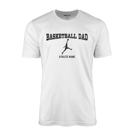 basketball dad with basketball player icon and basketball player name on a mens t-shirt with a black graphic