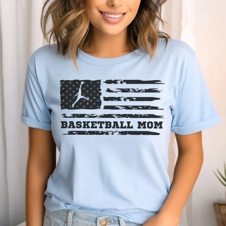 basketball mom horizontal flag on a unisex t-shirt with a black graphic