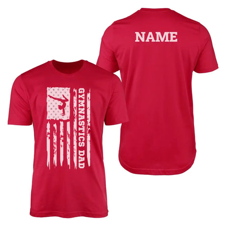 Gymnastics Dad Vertical Flag With Gymnast Name on the back of a Men's T-Shirt with a White Graphic
